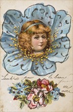 French Happy Christmas, postcard depicting a young angelic child smiling, circa 1900