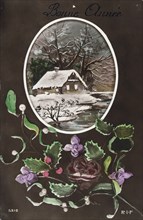 French Happy New Year, postcard depicting a cottage and flowers