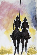 Don Quichotte and Sancho Panza, watercolour, by François Cavanna