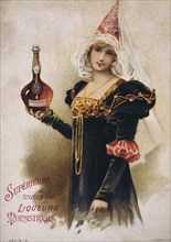 French postcard with image of a medieval costumed woman holding a bottle of liqueur