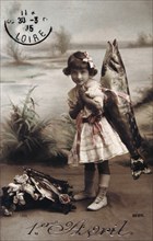 French postcard with image of a girl carrying a fish
