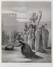 Moses rescued by the daughter of the Pharaoh of Egypt, Illustration from the Dore Bible 1866