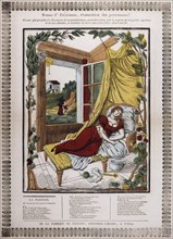 French, 19th century, allegorical illustration depicting laziness as a woman is seen laying on her bed
