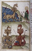 Russian, Slavonic, Orthodox miniature depicting beasts of the Apocalypse