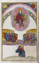 Russian, Slavonic, Orthodox miniature, depicting Christ enthroned in the Apocalypse of Saint John