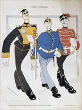 French satirical illustration caricature, depicting arrogant preening German officers 1908