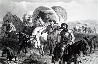 Print depicting emigrants crossing the Plains in America, travelling in covered wagons