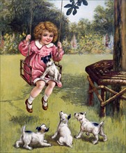 Painting depicting a young girl in her garden with her puppies