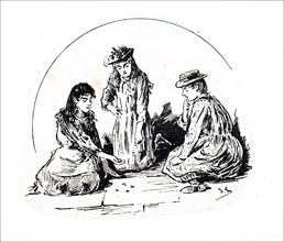 Young girls playing a street game called 'Buck and Gobs'  A number of marbles were laid on the ground, and one held in the hand