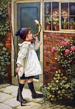 Painting depicting a young boy blowing a horn outside of his home, as he young siblings watch from the window