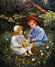 Painting depicting a brother and sister playing in a field together