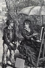A young woman painting under the shade of her umbrella