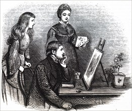 A young woman presenting her work to her family
