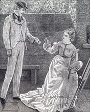 A young woman presenting her work to her father