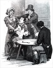 Engraving depicting a wife trying to remove her husband from the gaming table