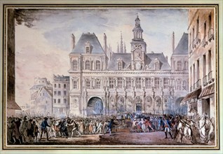 Watercolour painting depicting a riot in Paris during the French Revolution, 1789
