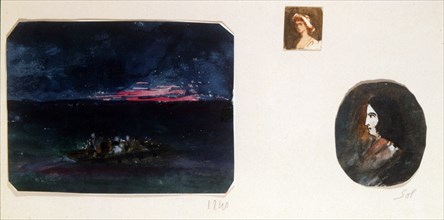 Watercolour studies including a self-portrait, by the writer George Sand