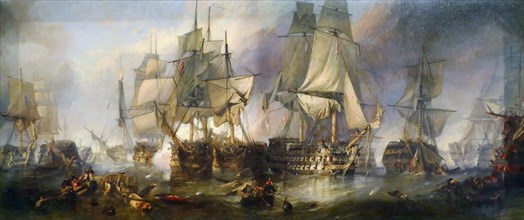 Painting titled "The Battle of Trafalgar in 1805" by Clarkson Frederick Stanfield
