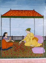 Painting depicting a couple playing Chaupar