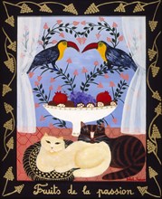 Painting of cats toucans and fruit, 1983 by Juliette Ramade