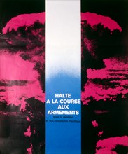 1980, French, anti-nuclear war, poster 'halte a la course aux armaments por la detente at le coexistence pacifique'