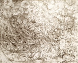 The Deluge VII. Coils of Lightening and rain; Black chalk. Circa 1514-16. By Leonardo da Vinci