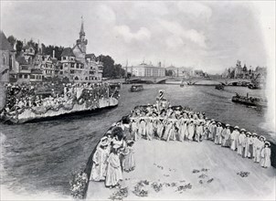 Black and white illustration showing the nautical festival on the Seine next to the Ville de Paris by Zeiss-Krauss.