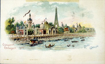 A coloured illustration the Rive Gauche; view over the Seine towards the Eiffel Tower