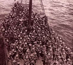 Reinforcements of the Lancashire Fusiliers of the 42nd Division arrving by ship from Mundros to Gallipoli during World War I
