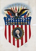 Centennial. Print shows a stars and stripes shield with a bust portrait of George Washington