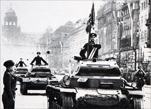 German tanks and army passing the streets of Prague in 1939 at the start of World War II