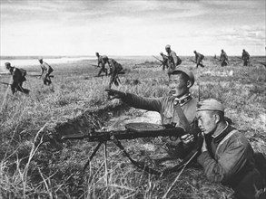 Mongolian People's Army soldiers fight against Imperial Japanese soldiers. Khalkhin Gol, 1939