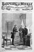 George T. Brown, serving the summons on President Johnson, on the front page of Harper's Weekly