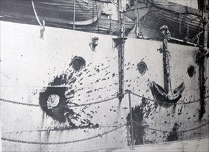 Ship with damage after being hit by shell fire during the Battle of Jutland