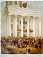 Print shows a crowd at the capitol building at Montgomery, Alabama, at the time of the announcement of Jefferson Davis as the first President of the Confederate States of America