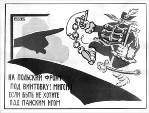 Affiche de Maïakovski, 1919 : "Prenez les armes sur le front polonais si vous ne voulez pas vous trouver sous le joug des "pani"