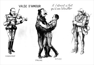 Caricature at the moment of the Germano-Soviet Pact: "Waltz of Love" (Ribbentrop, Stalin and Hitler)