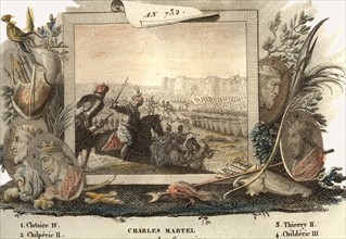 Charles Martel vainqueur des Sarrasins à Poitiers. in "Histoire de France en estampes" édité au 19e