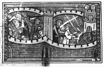 Les Croisés menacent les habitants d'Antioche in"Histoire d'Outremer" par Guillaume de Tyr, vers1250