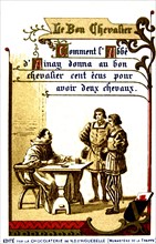 Publicité pour le chocolat d'Aiguebelle, La vie de Bayard (V.1475-1524), L'abbé d'Ainay donne cent écus à Bayard pour avoir deux chevaux