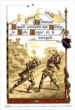 Publicité pour le chocolat d'Aiguebelle, la vie de Bayard (V.1475-1524), comment Bayard combattit don Alonzo de Soto Mayor et le vainquit, Publicité pour le chocolat d'Aiguebelle