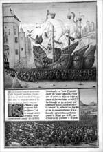 Sebastien Mamerot, "Voyages made overseas", f° 112 v° : Embarkation of a fleet (Crusades)