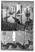 Sebastien Mamerot, "Voyages made overseas", f° 211 v° : Embarkation of a fleet (Crusades)