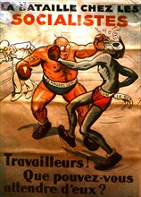 Affiche de propagande anti-socialiste après l'exclusion de Renaudel de la S.F.I.O. : Léon Blum et Renaudel se battent en boxant