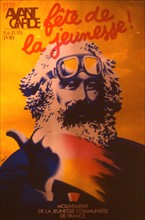 Affiche publicitaire de Grapus pour la fête de "L'Avant-Garde" (journal de Jeunesses communistes de France) : Karl Marx faisant de l'auto-stop