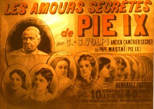 Affiche éditée par la Librairie anti-cléricale : "Les amours secrètes du pape Pie IX
