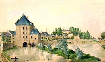 Quai et moulin de Charleville-Mézières, aquarelle