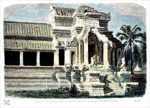 Portique central d'Angkor Vat, L'une des entrées de la galerie des bas-reliefs, Dessin de Thérond d'après une photo de M. Gsell