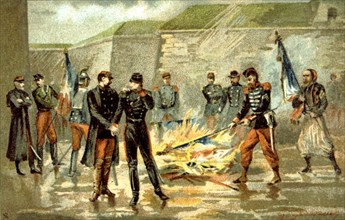 Publicité pour le chocolat d'Aiguebelle, Guerre de 1870, Reddition de Metz, Combat de Mercy-le-Haut (28 octobre 1870), L'armée brûlant ses drapeaux