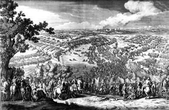 Gravure dessinée par Martin le Jeune et gravée par Nicolas de l'Armesin, Bataille de Poltawa en Ukraine, Charles XII, roi de Suède y est vaincu par Pierre le Grand